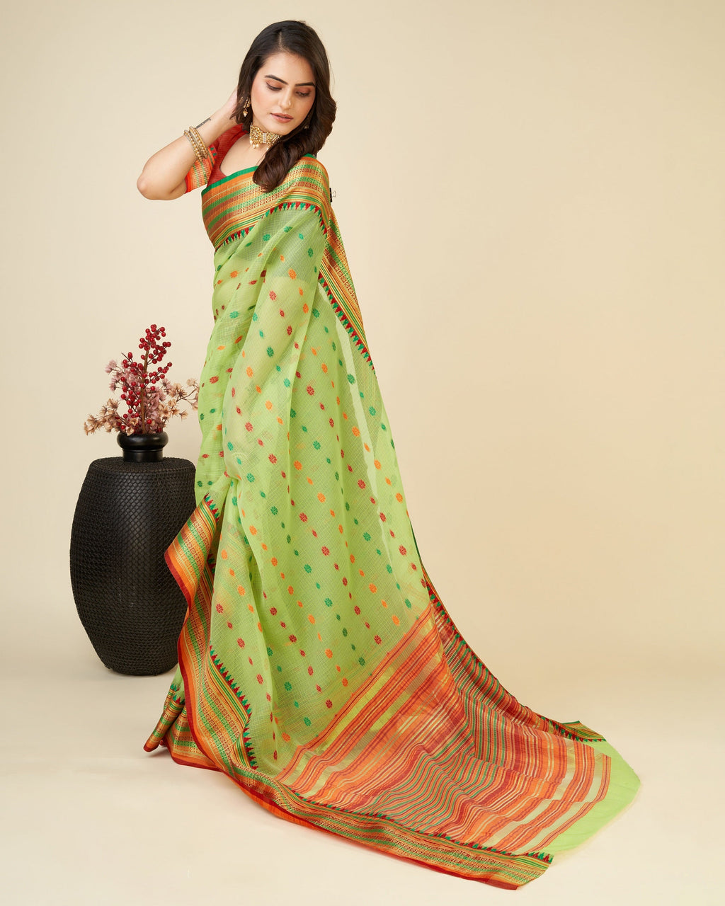 Vedant Vastram Soft Art Silk Silk Jacquard Fancy Saree - Parrot | Grocsy