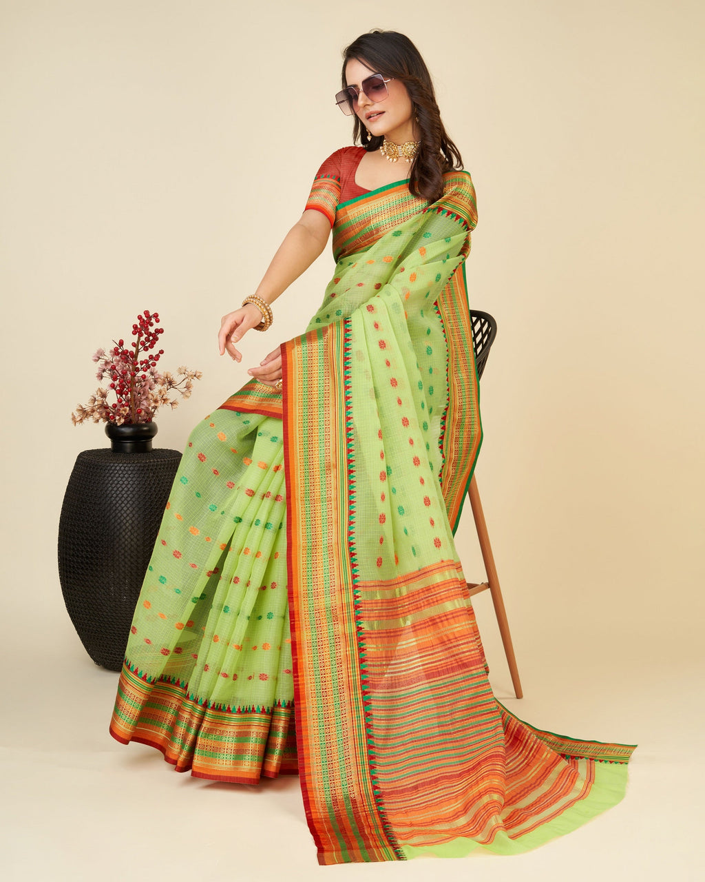 Vedant Vastram Soft Art Silk Silk Jacquard Fancy Saree - Parrot | Grocsy