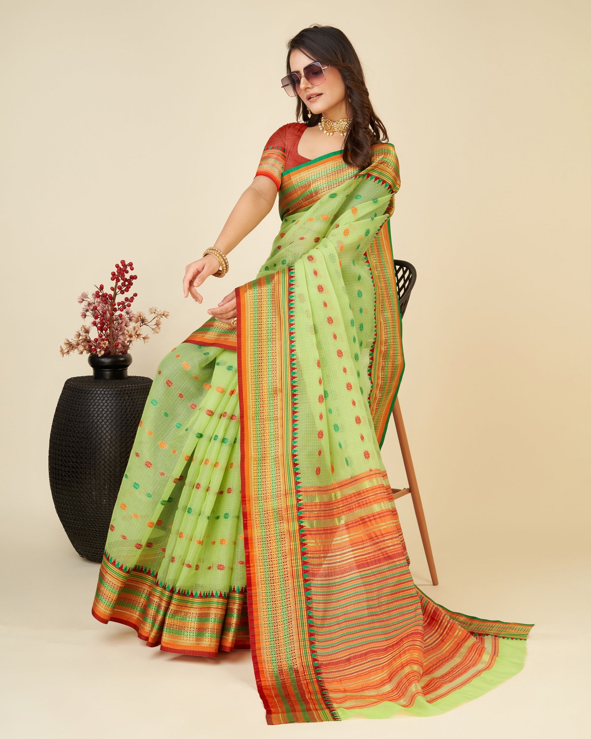 Vedant Vastram Soft Art Silk Silk Jacquard Fancy Saree - Parrot | Grocsy