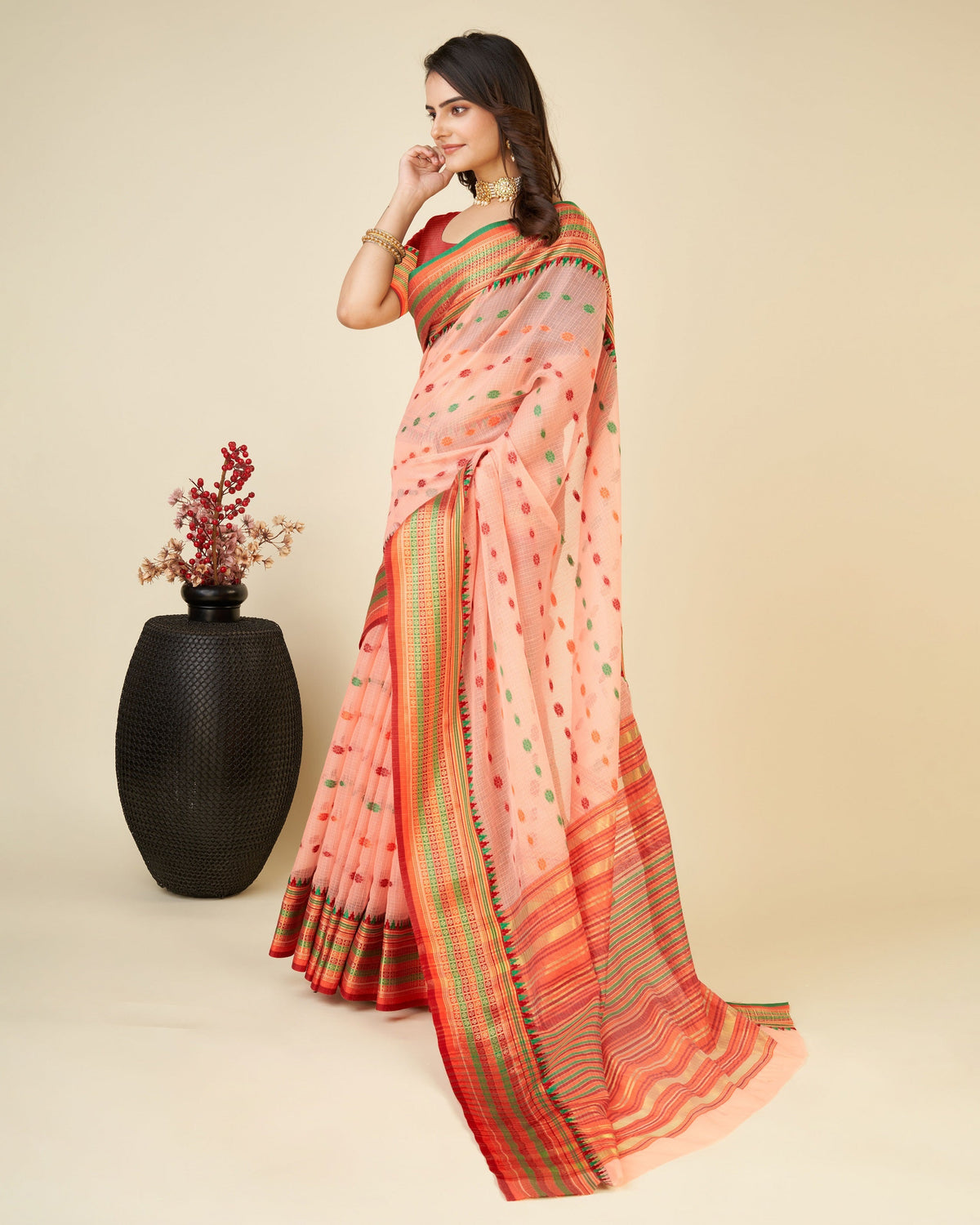 Vedant Vastram Soft Art Silk Silk Jacquard Fancy Saree - Peach | Grocsy