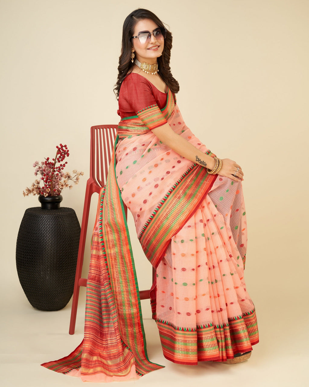 Vedant Vastram Soft Art Silk Silk Jacquard Fancy Saree - Peach | Grocsy