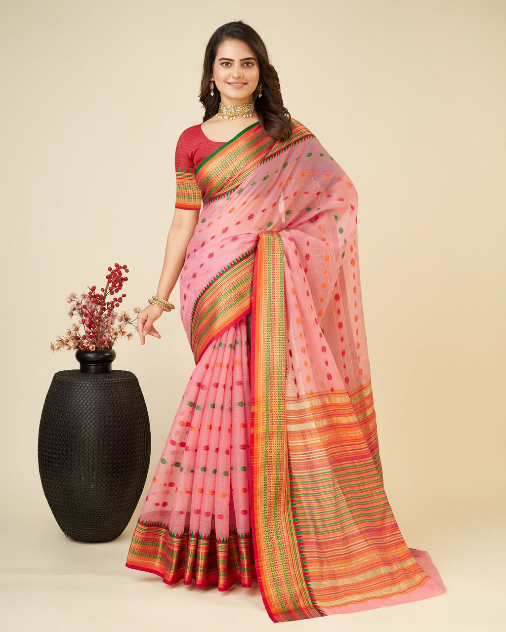 Vedant Vastram Soft Art Silk Silk Jacquard Fancy Saree - Pink | Grocsy