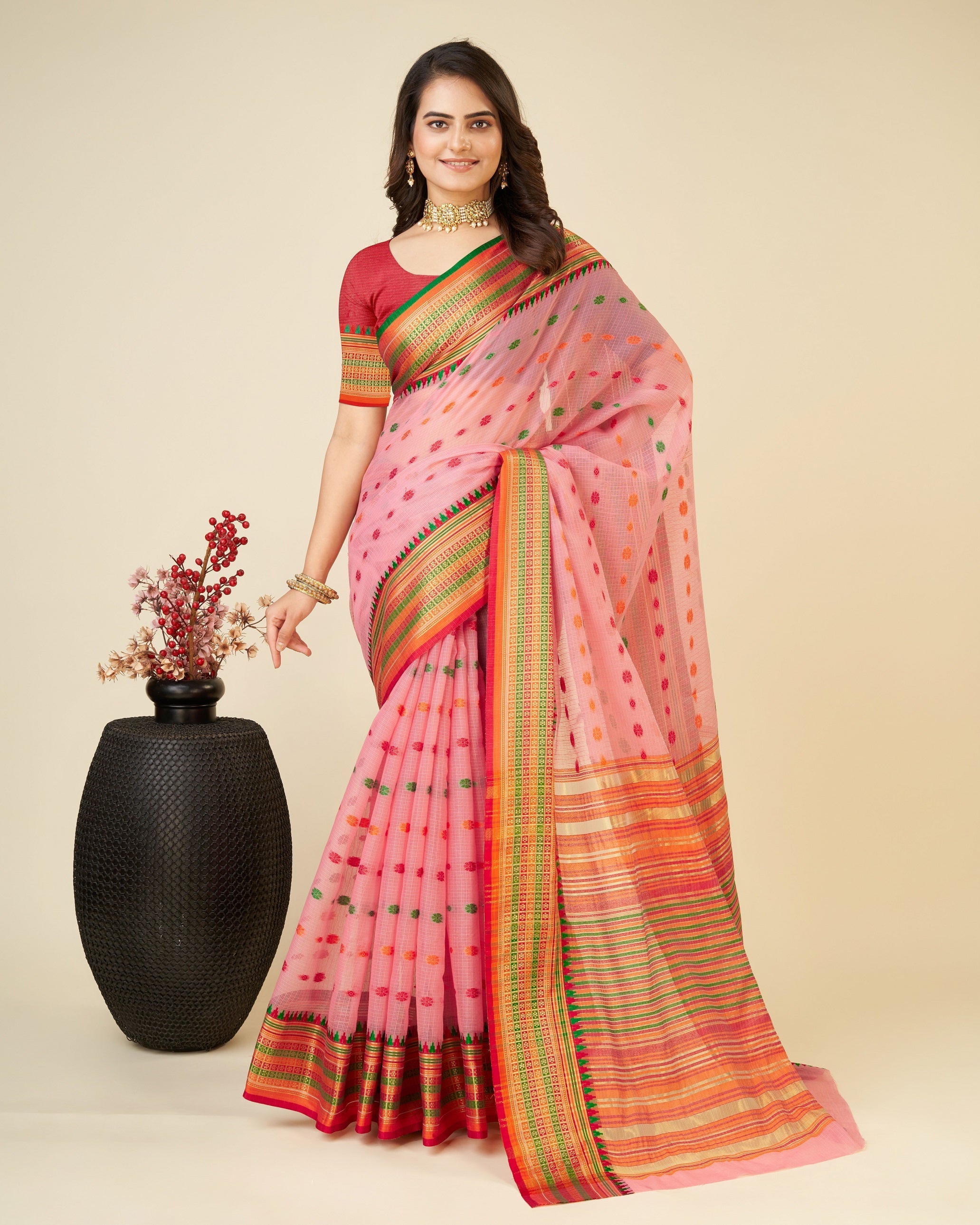 Vedant Vastram Soft Art Silk Silk Jacquard Fancy Saree - Pink | Grocsy