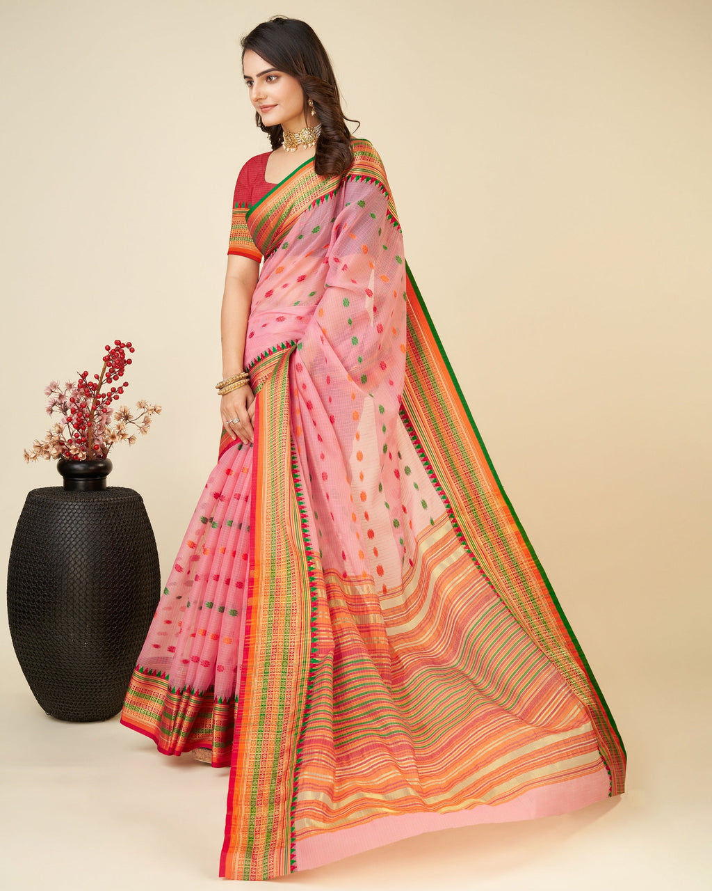 Vedant Vastram Soft Art Silk Silk Jacquard Fancy Saree - Pink | Grocsy