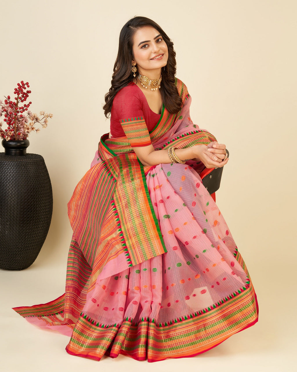 Vedant Vastram Soft Art Silk Silk Jacquard Fancy Saree - Pink | Grocsy