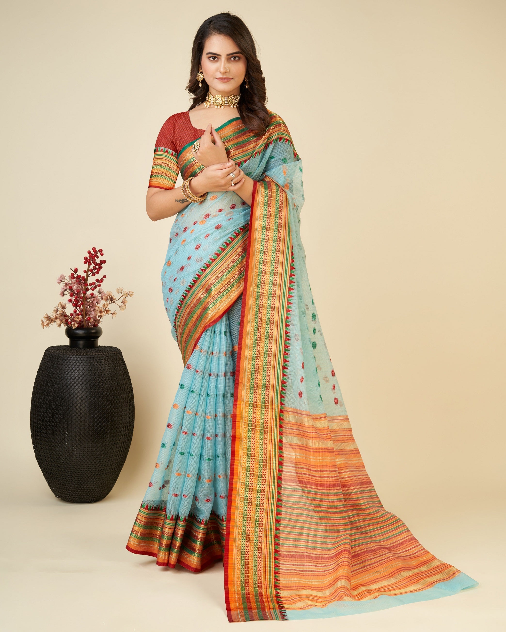Vedant Vastram Soft Art Silk Silk Jacquard Fancy Saree - Rama | Grocsy