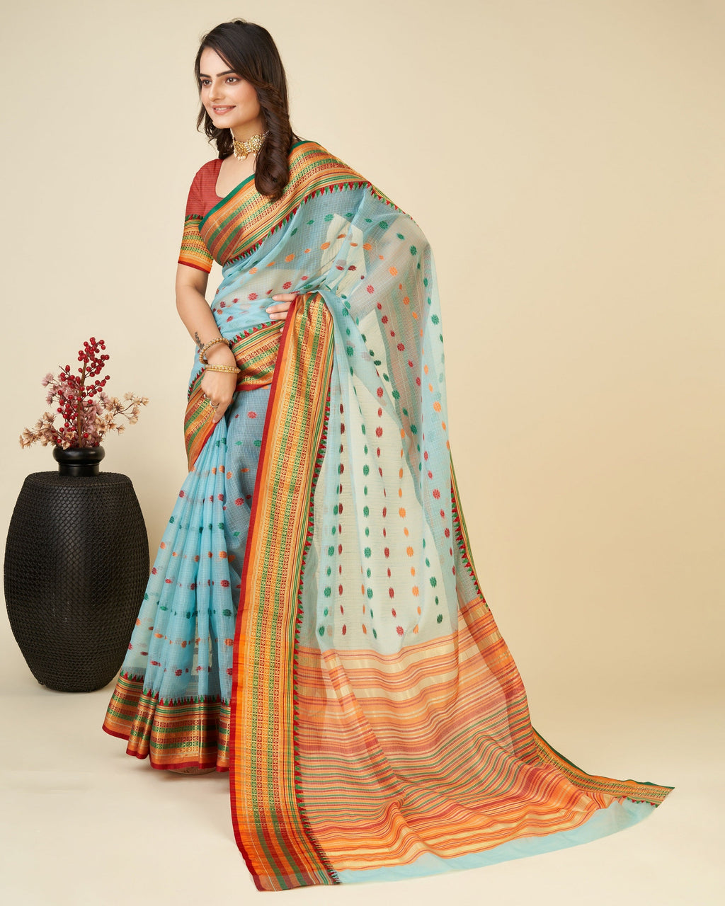 Vedant Vastram Soft Art Silk Silk Jacquard Fancy Saree - Rama | Grocsy