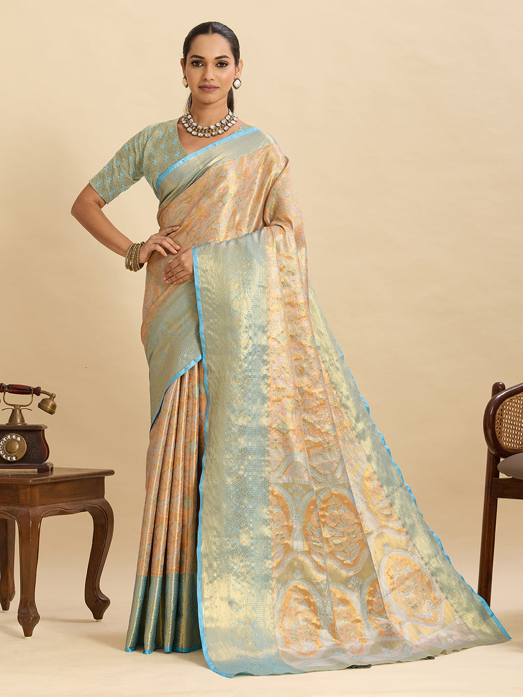Vedant Vastram Soft Litchi Silk Banarasi Silk Jacquard Saree - Aqua | Grocsy