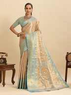 Vedant Vastram Soft Litchi Silk Banarasi Silk Jacquard Saree - Aqua | Grocsy