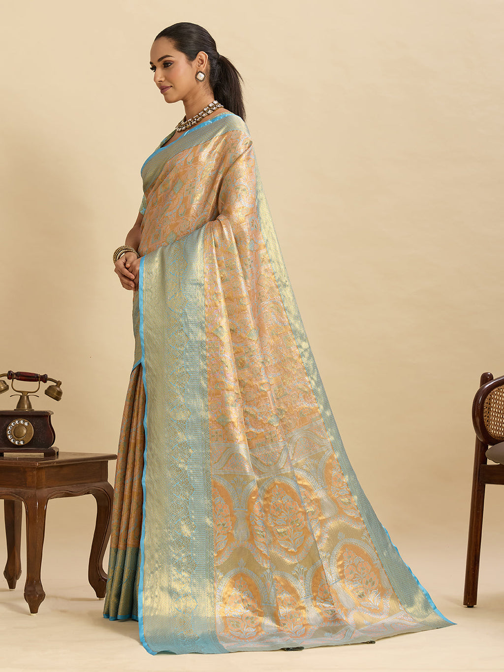 Vedant Vastram Soft Litchi Silk Banarasi Silk Jacquard Saree - Aqua | Grocsy