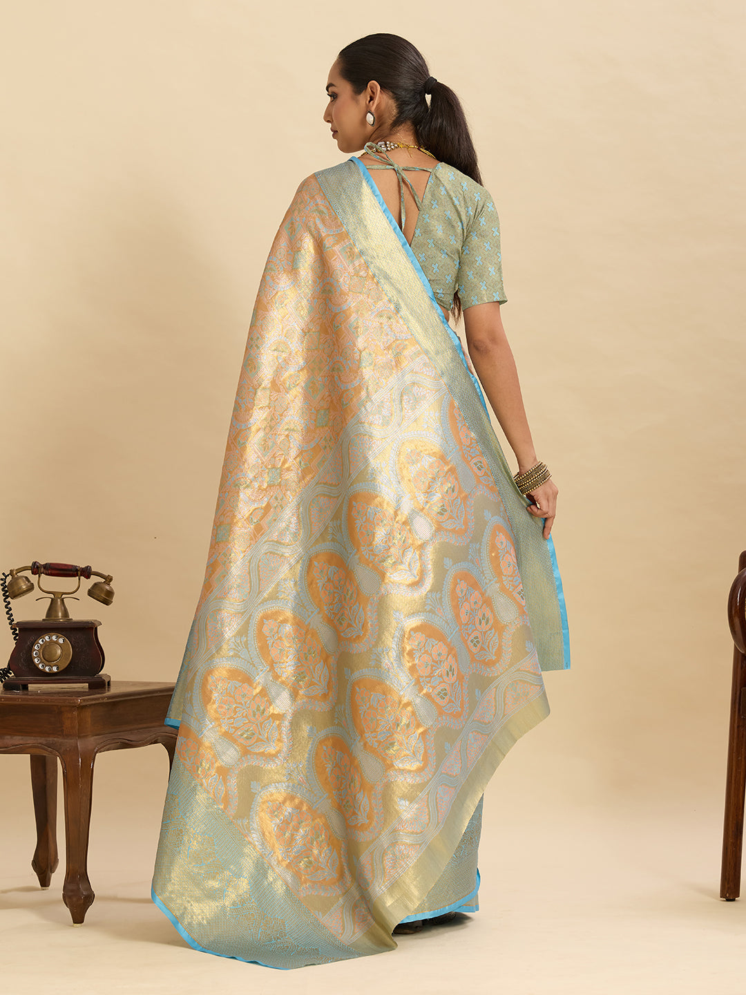 Vedant Vastram Soft Litchi Silk Banarasi Silk Jacquard Saree - Aqua | Grocsy
