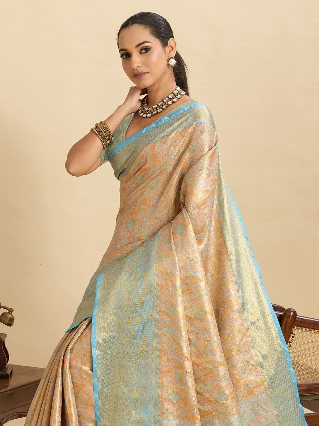 Vedant Vastram Soft Litchi Silk Banarasi Silk Jacquard Saree - Aqua | Grocsy