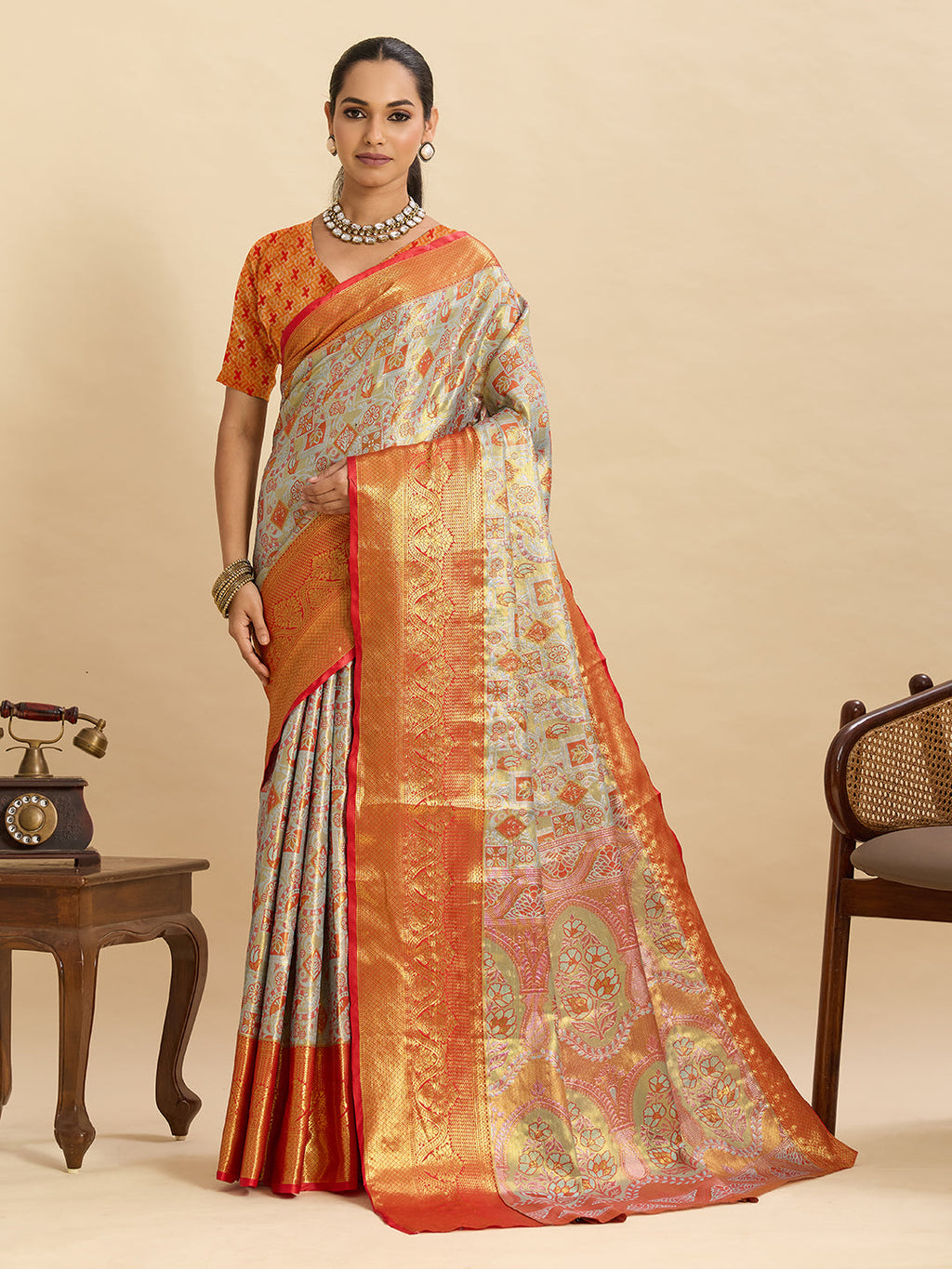 Vedant Vastram Soft Litchi Silk Banarasi Silk Jacquard Saree - Orange | Grocsy