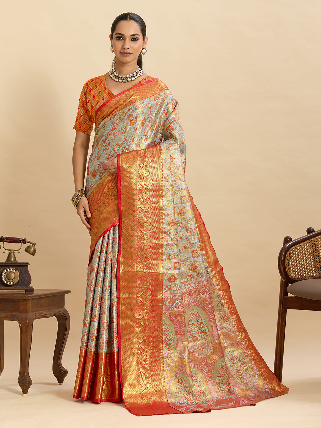 Vedant Vastram Soft Litchi Silk Banarasi Silk Jacquard Saree - Orange | Grocsy