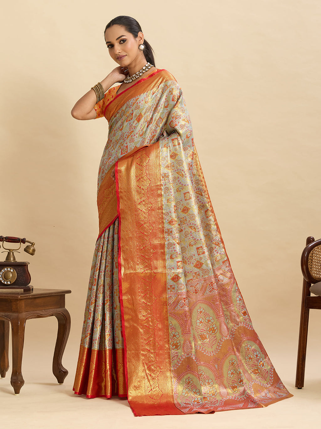 Vedant Vastram Soft Litchi Silk Banarasi Silk Jacquard Saree - Orange | Grocsy