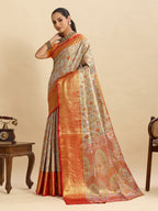 Vedant Vastram Soft Litchi Silk Banarasi Silk Jacquard Saree - Orange | Grocsy