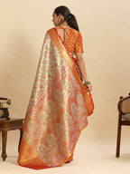Vedant Vastram Soft Litchi Silk Banarasi Silk Jacquard Saree - Orange | Grocsy