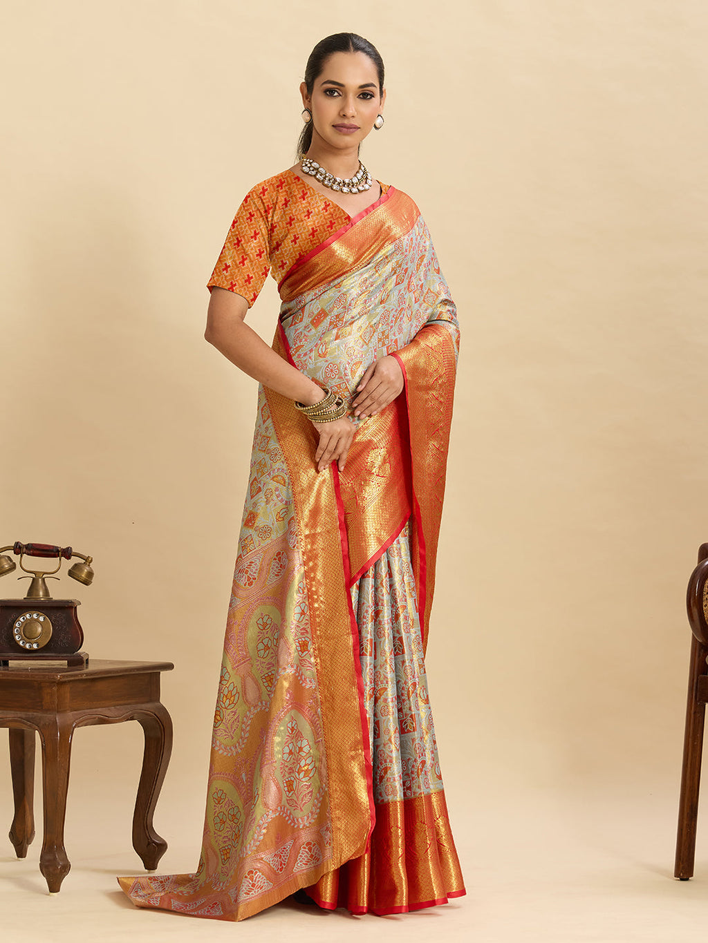Vedant Vastram Soft Litchi Silk Banarasi Silk Jacquard Saree - Orange | Grocsy