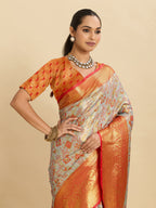 Vedant Vastram Soft Litchi Silk Banarasi Silk Jacquard Saree - Orange | Grocsy