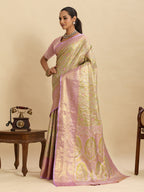 Vedant Vastram Soft Litchi Silk Banarasi Silk Jacquard Saree - Pink | Grocsy