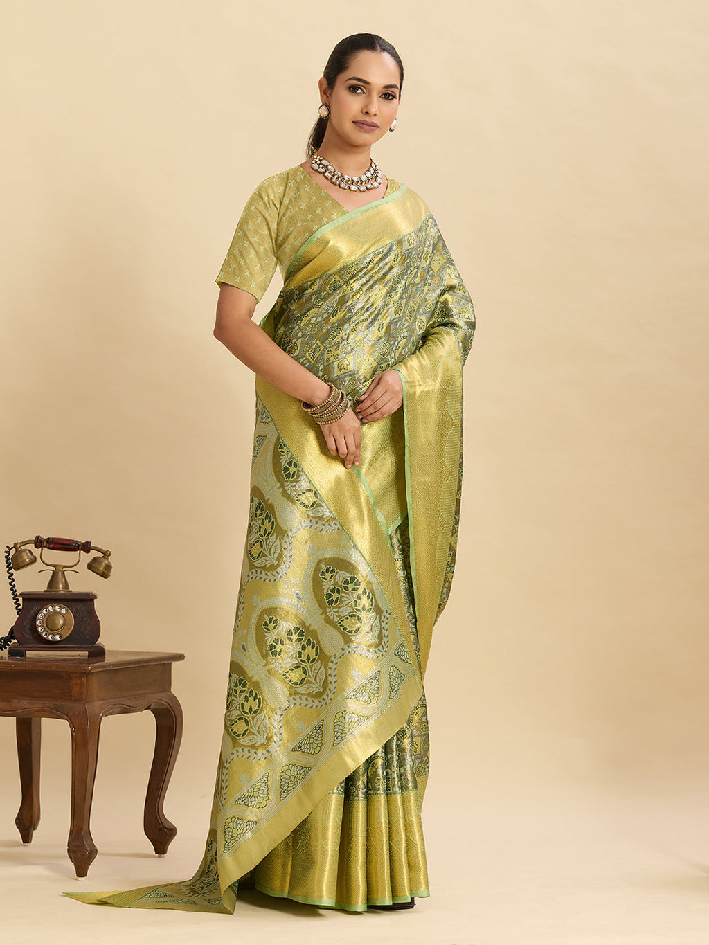Vedant Vastram Soft Litchi Silk Banarasi Silk Jacquard Saree - Pista | Grocsy