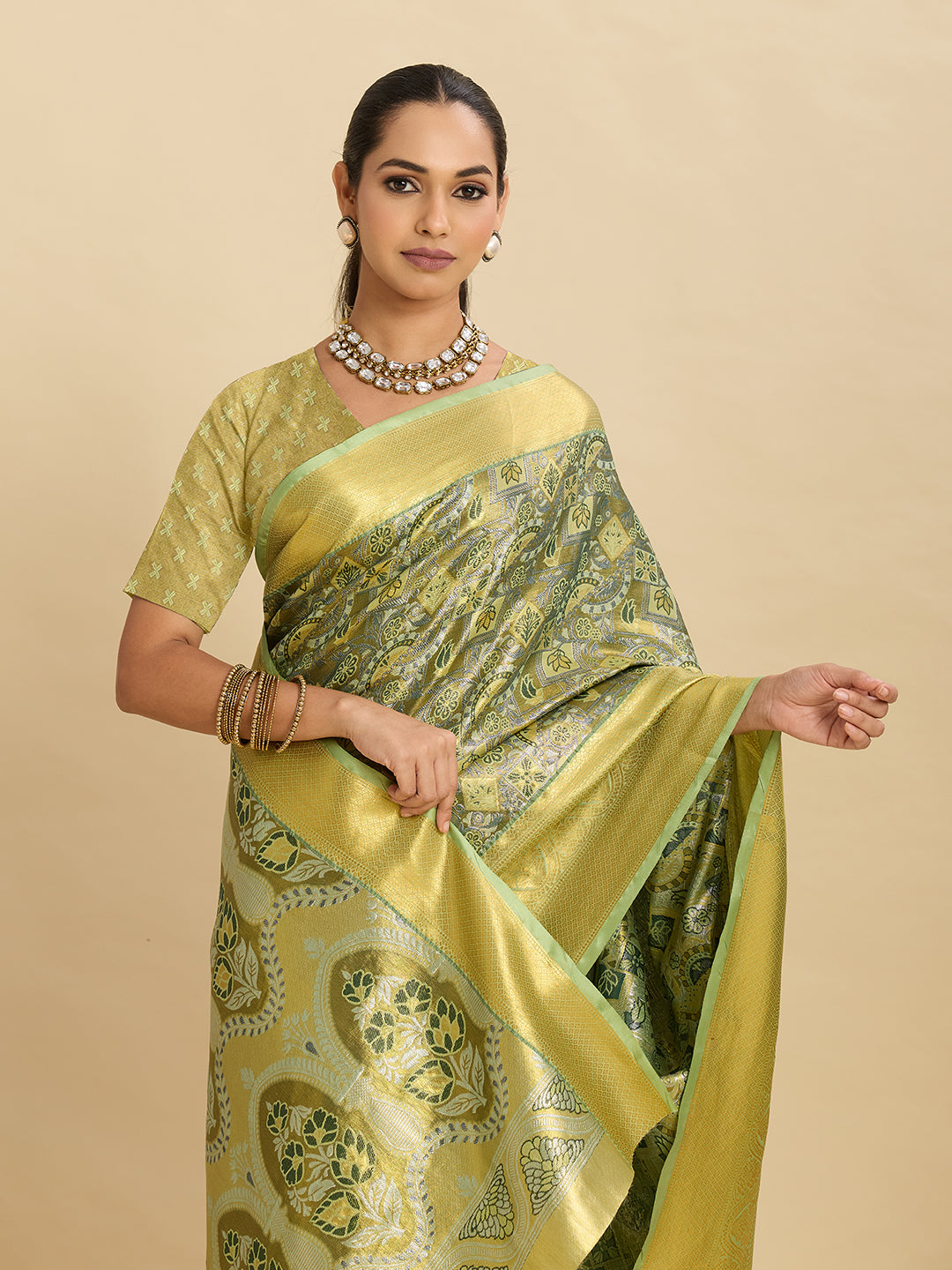 Vedant Vastram Soft Litchi Silk Banarasi Silk Jacquard Saree - Pista | Grocsy