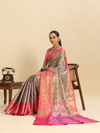 Vedant Vastram Soft Litchi Silk Banarasi Silk Jacquard Saree - Rani | Grocsy