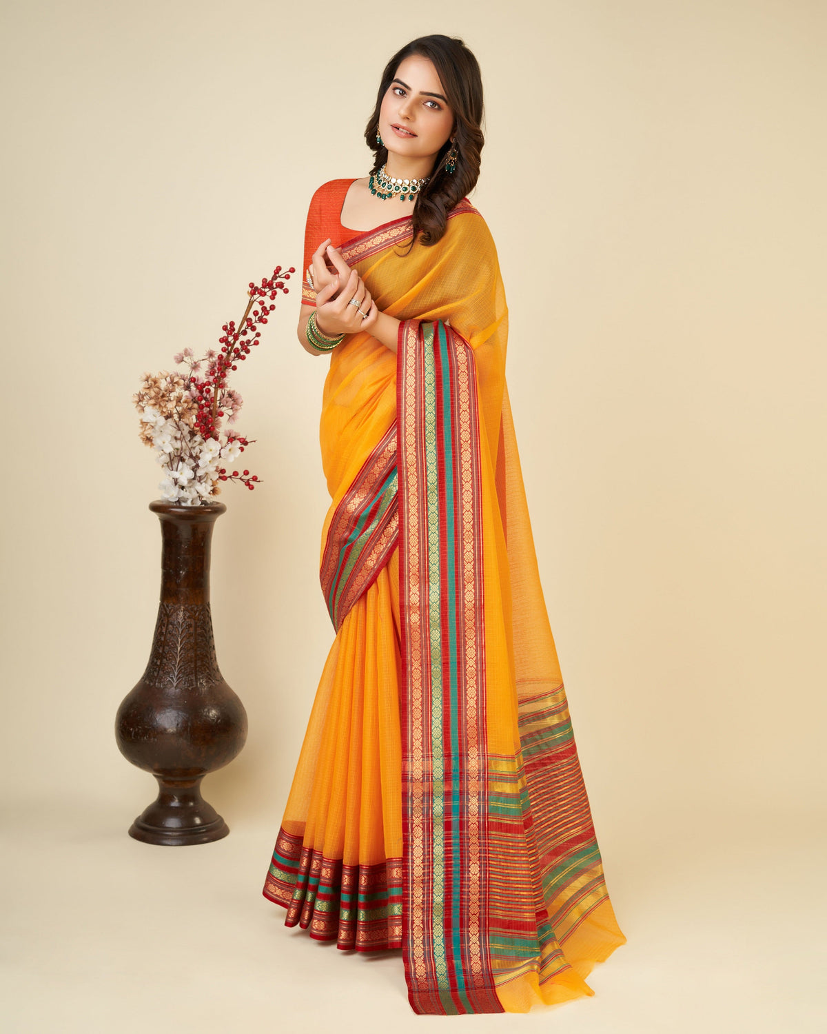 Vedant Vastram Cotton Silk Silk Jacquard Fancy Saree - Mustard | Grocsy
