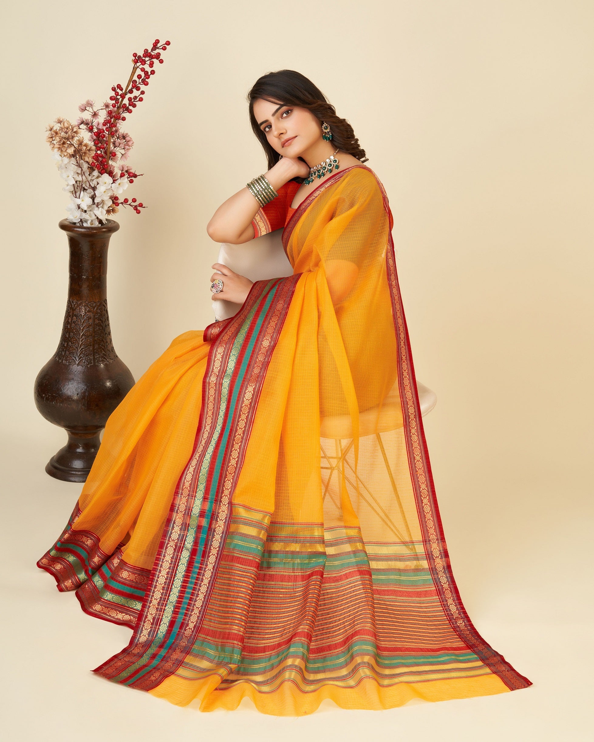 Vedant Vastram Cotton Silk Silk Jacquard Fancy Saree - Mustard | Grocsy