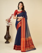 Vedant Vastram Cotton Silk Silk Jacquard Fancy Saree - Navy | Grocsy