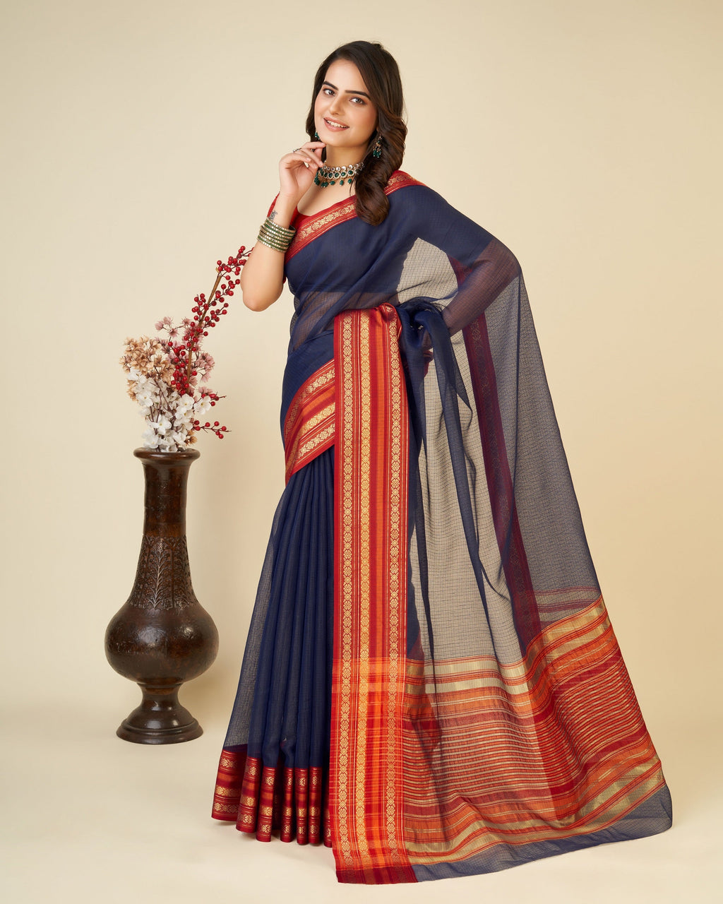 Vedant Vastram Cotton Silk Silk Jacquard Fancy Saree - Navy | Grocsy