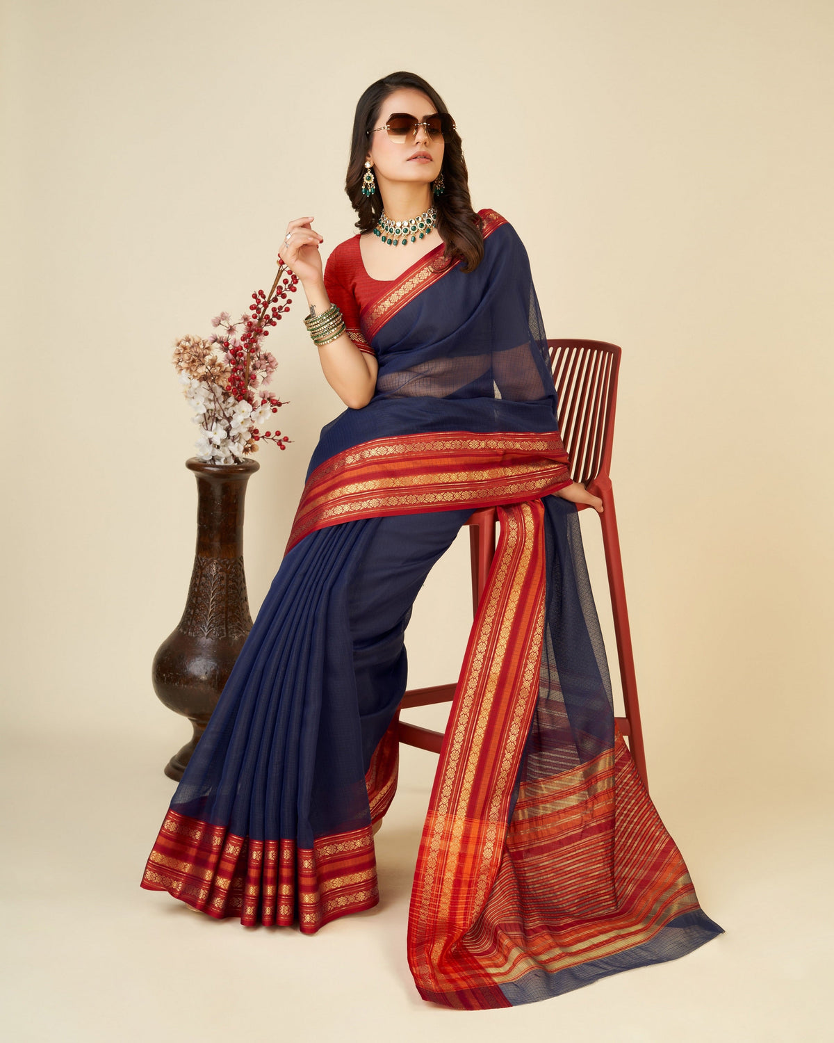 Vedant Vastram Cotton Silk Silk Jacquard Fancy Saree - Navy | Grocsy