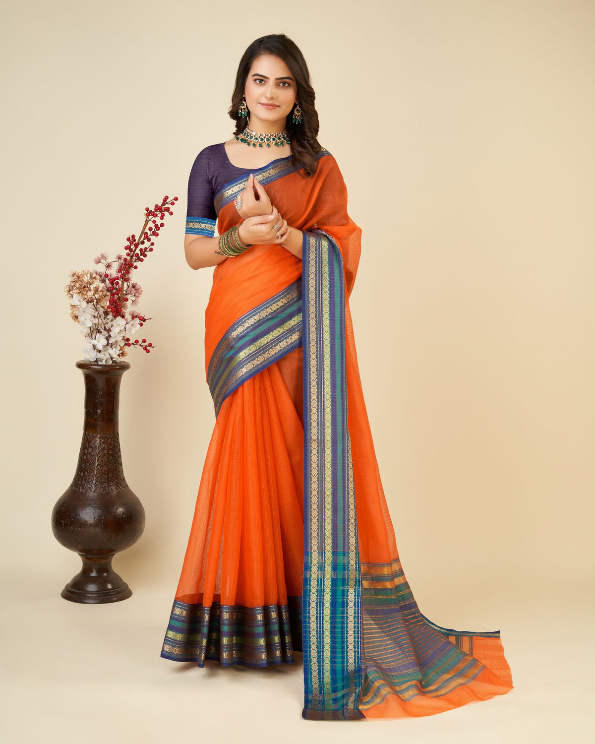 Vedant Vastram Cotton Silk Silk Jacquard Fancy Saree - Orange | Grocsy
