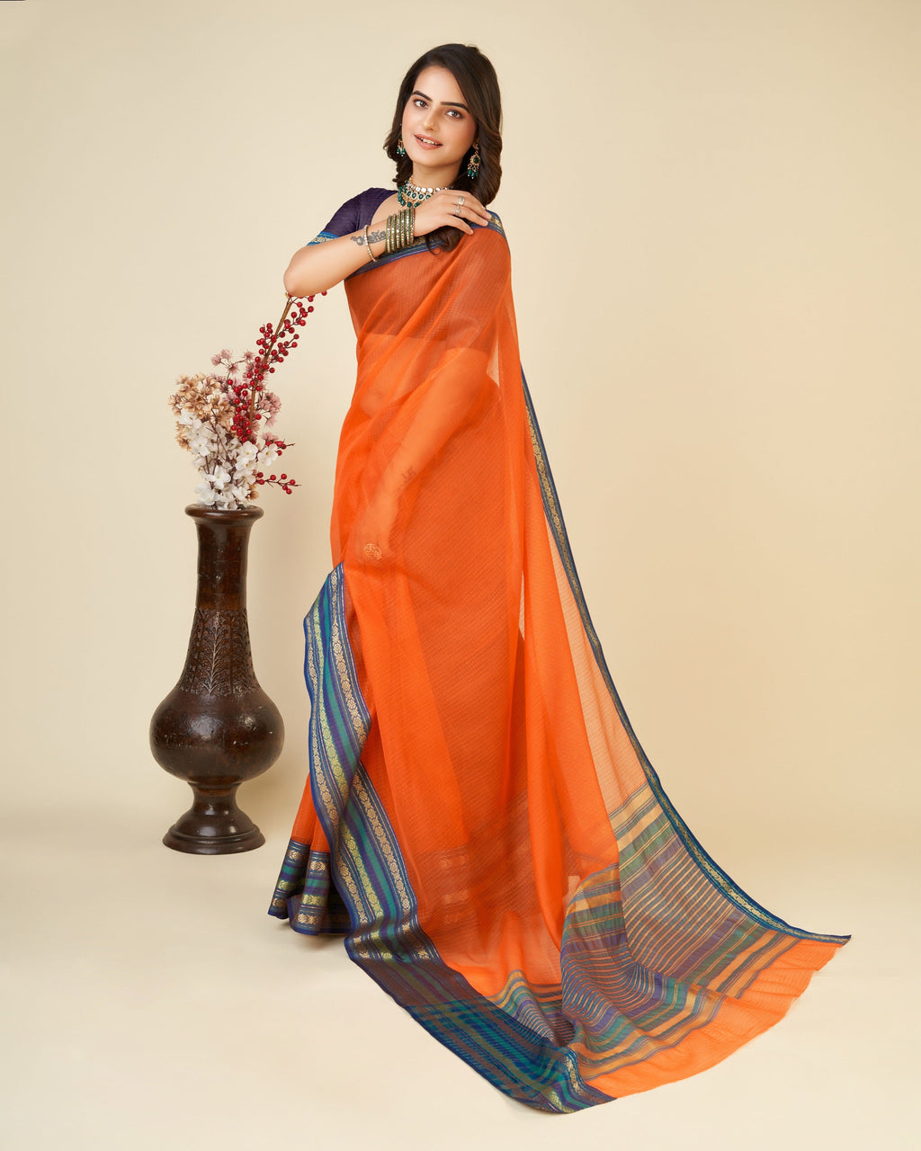 Vedant Vastram Cotton Silk Silk Jacquard Fancy Saree - Orange | Grocsy