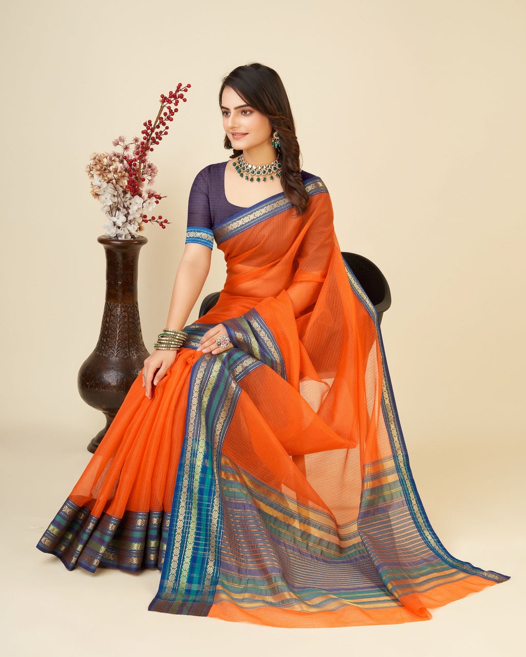Vedant Vastram Cotton Silk Silk Jacquard Fancy Saree - Orange | Grocsy