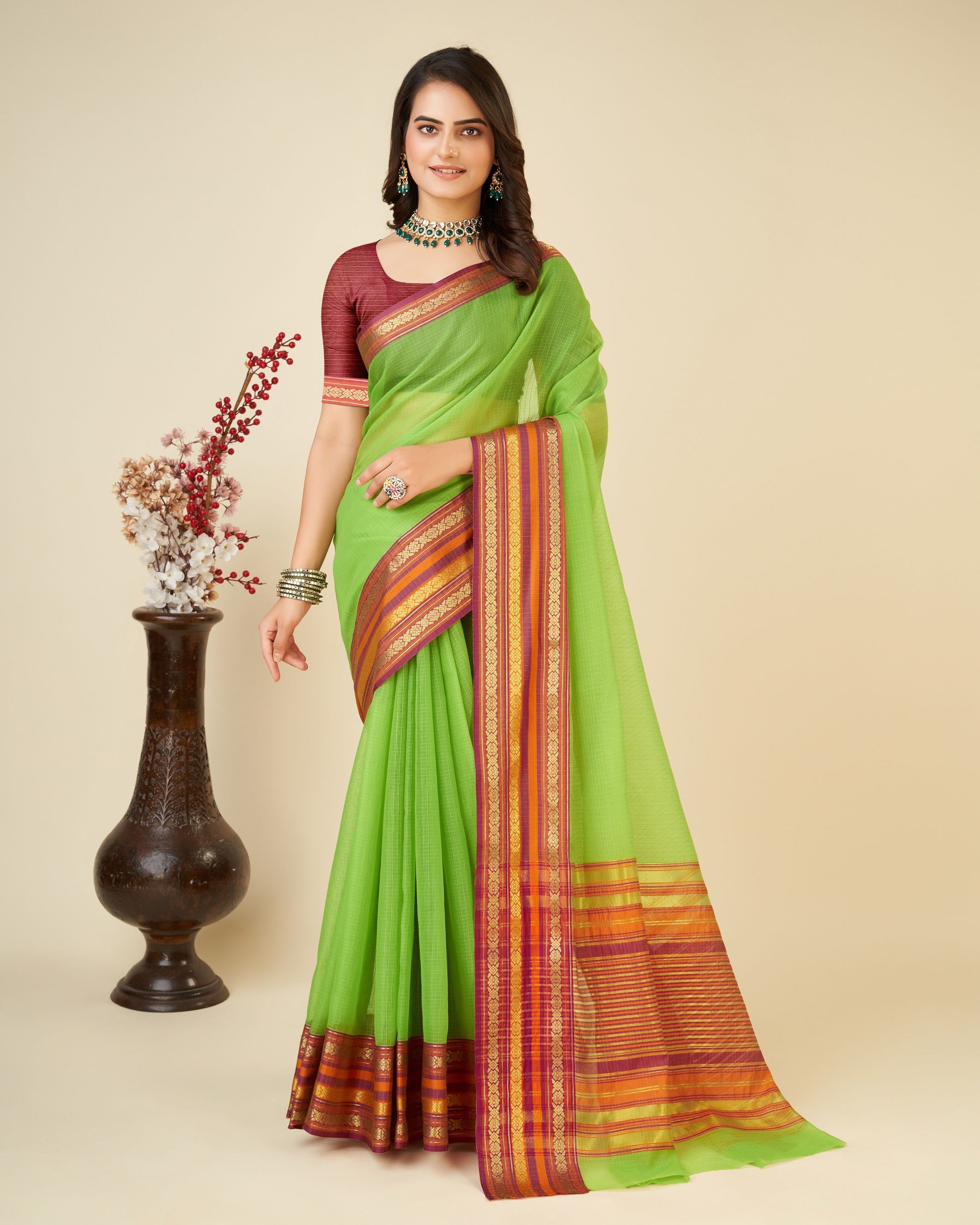 Vedant Vastram Cotton Silk Silk Jacquard Fancy Saree - Parrot | Grocsy