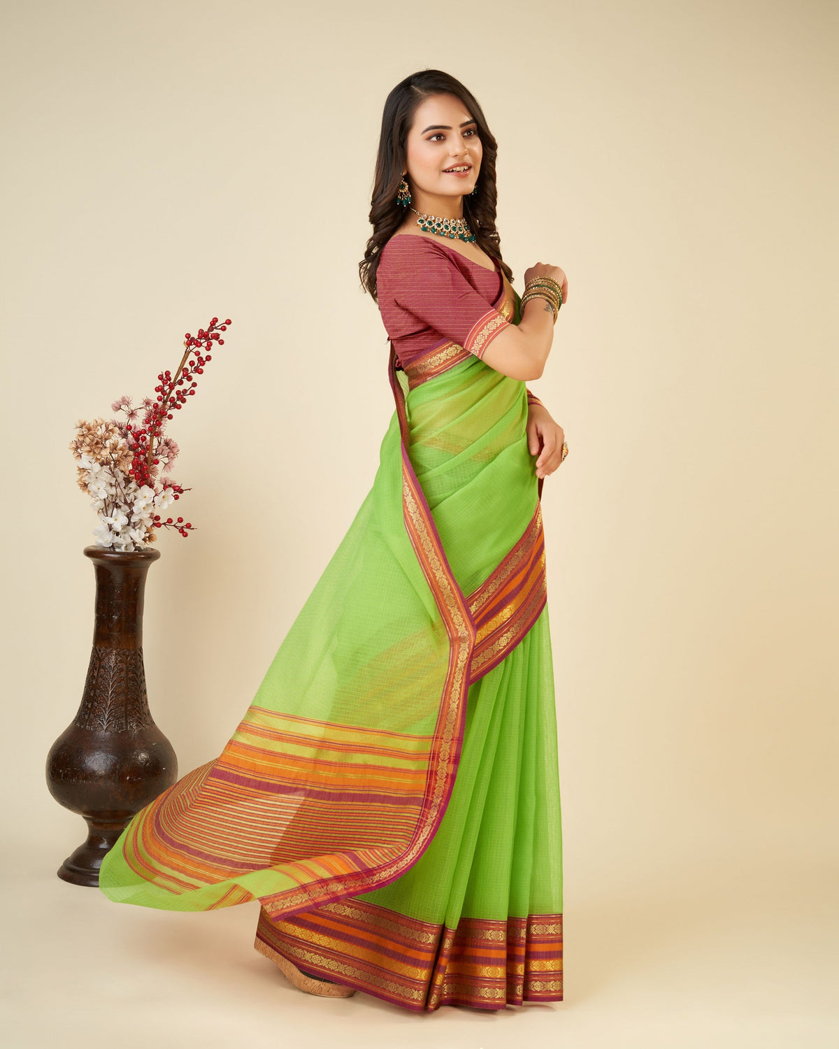 Vedant Vastram Cotton Silk Silk Jacquard Fancy Saree - Parrot | Grocsy