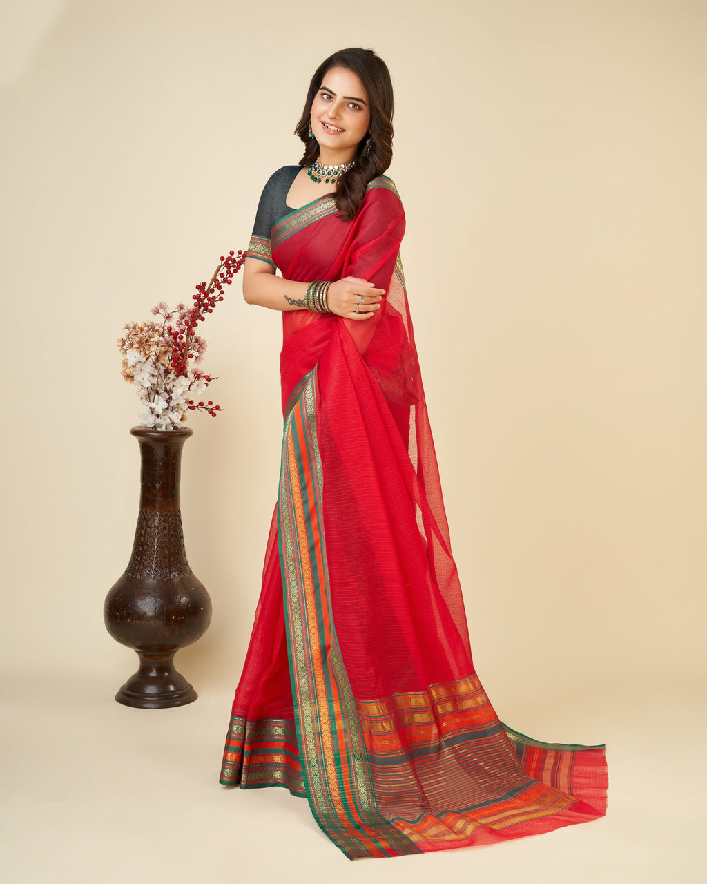 Vedant Vastram Cotton Silk Silk Jacquard Fancy Saree - Red | Grocsy