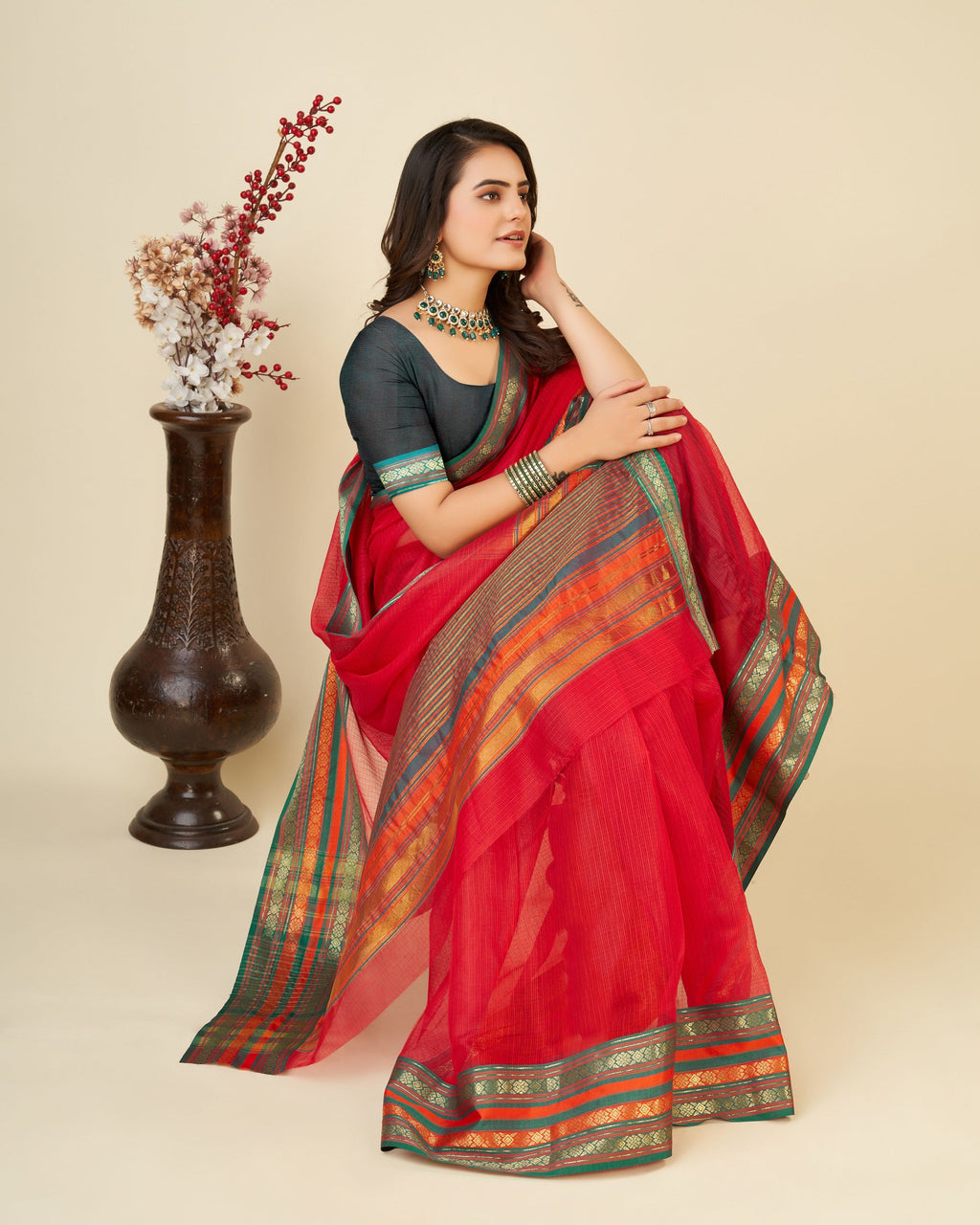 Vedant Vastram Cotton Silk Silk Jacquard Fancy Saree - Red | Grocsy