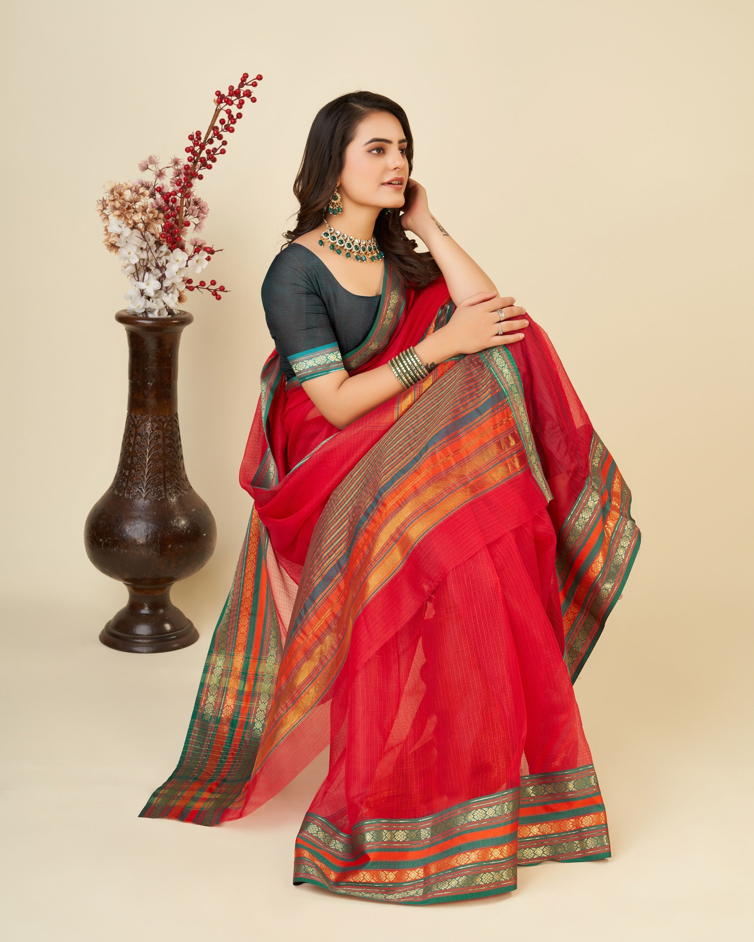 Vedant Vastram Cotton Silk Silk Jacquard Fancy Saree - Red | Grocsy