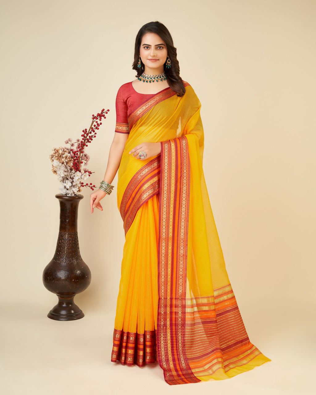 Vedant Vastram Cotton Silk Silk Jacquard Fancy Saree - Yellow | Grocsy
