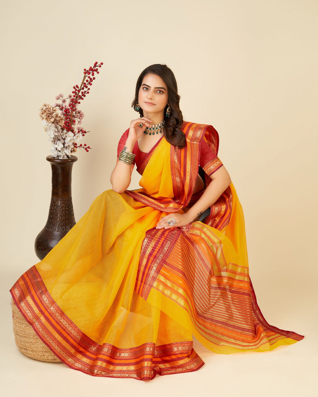 Vedant Vastram Cotton Silk Silk Jacquard Fancy Saree - Yellow | Grocsy