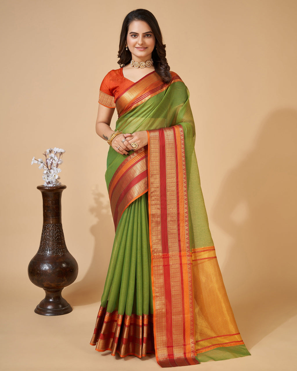 Vedant Vastram Cotton Silk Silk Jacquard Fancy Saree - Mahendi | Grocsy