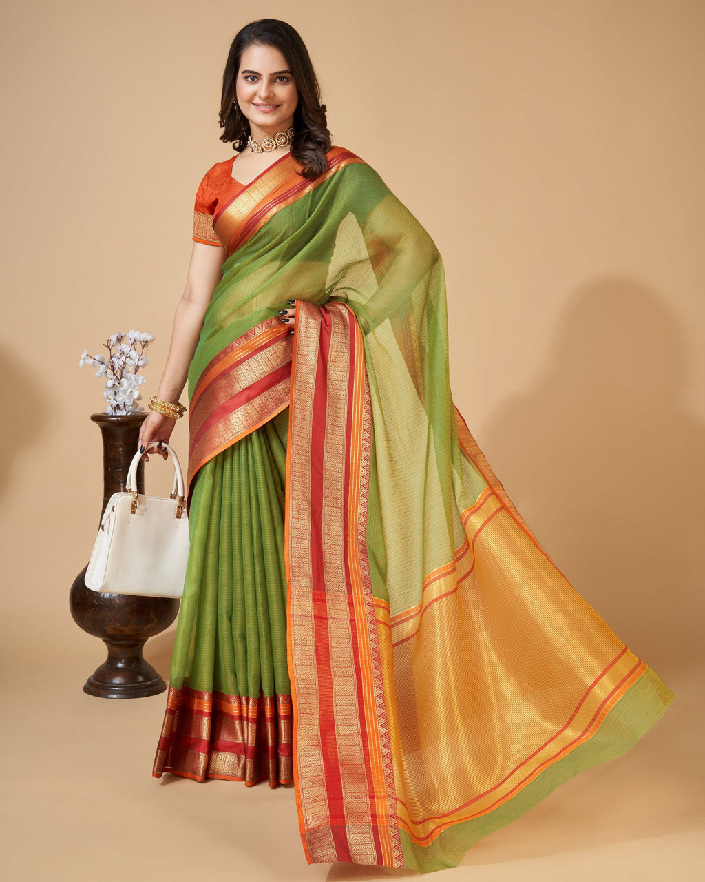 Vedant Vastram Cotton Silk Silk Jacquard Fancy Saree - Mahendi | Grocsy