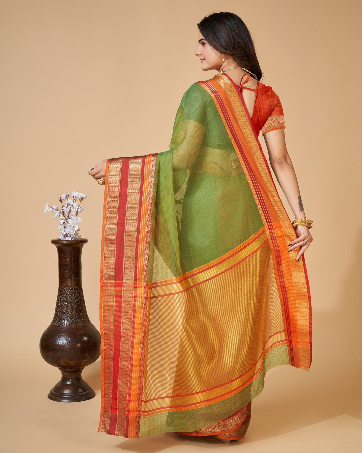 Vedant Vastram Cotton Silk Silk Jacquard Fancy Saree - Mahendi | Grocsy