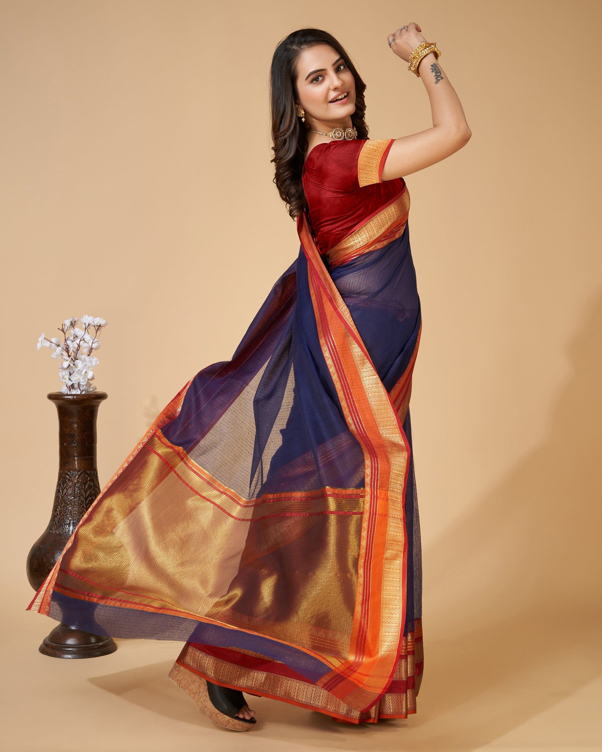 Vedant Vastram Cotton Silk Silk Jacquard Fancy Saree - Navy | Grocsy