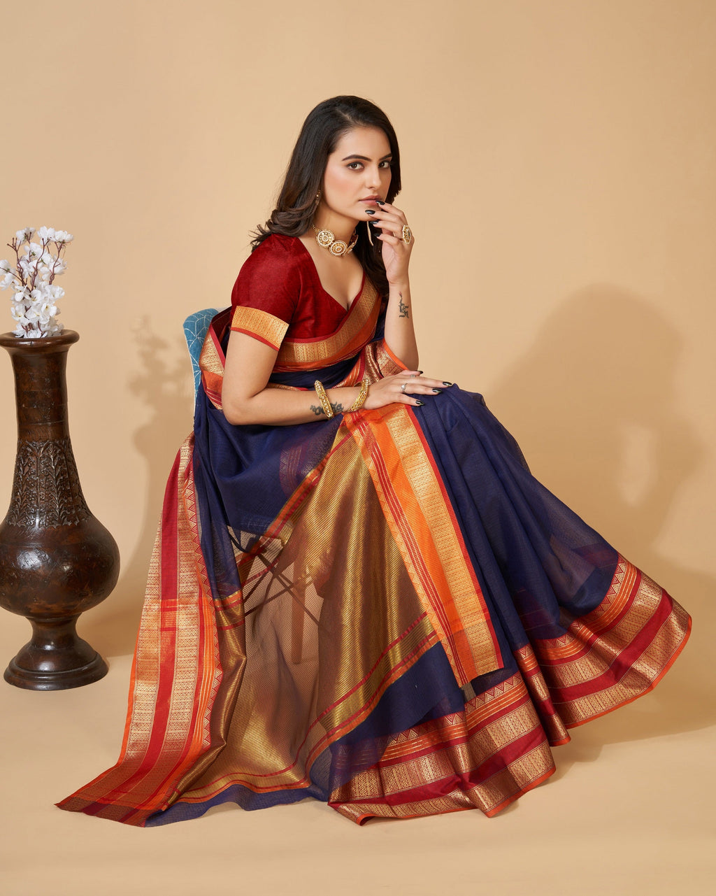 Vedant Vastram Cotton Silk Silk Jacquard Fancy Saree - Navy | Grocsy