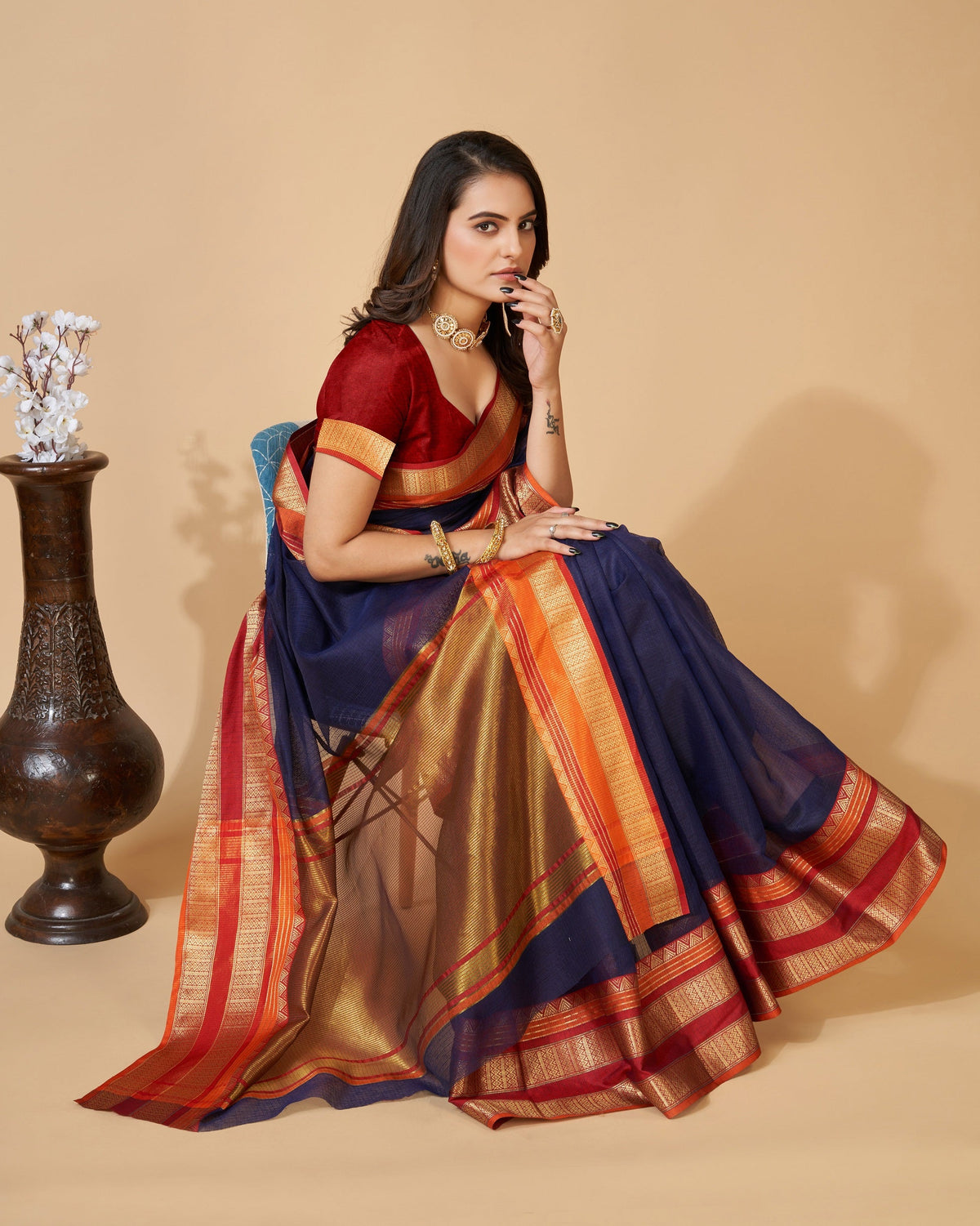 Vedant Vastram Cotton Silk Silk Jacquard Fancy Saree - Navy | Grocsy