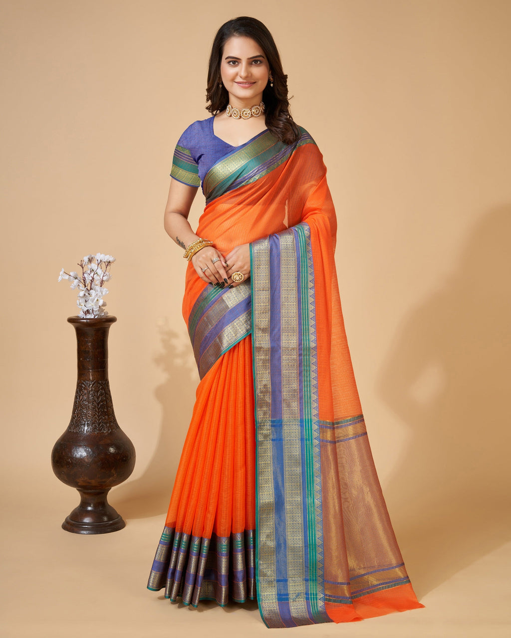 Vedant Vastram Cotton Silk Silk Jacquard Fancy Saree - Orange | Grocsy
