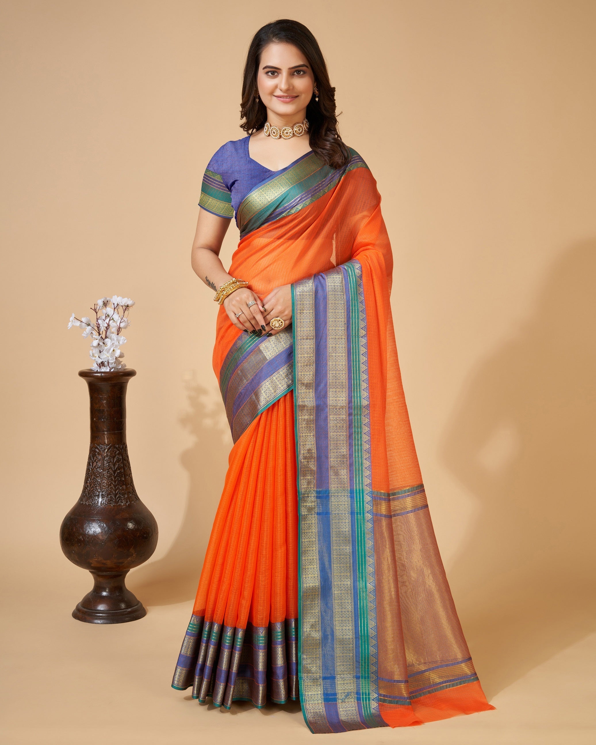 Vedant Vastram Cotton Silk Silk Jacquard Fancy Saree - Orange | Grocsy